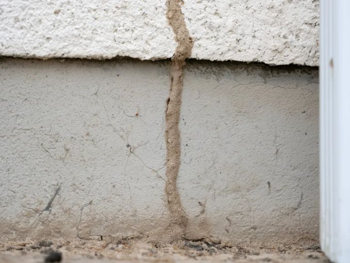 Subterranean termite mud tube on a house foundation, from soil up a concrete wall onto stucco